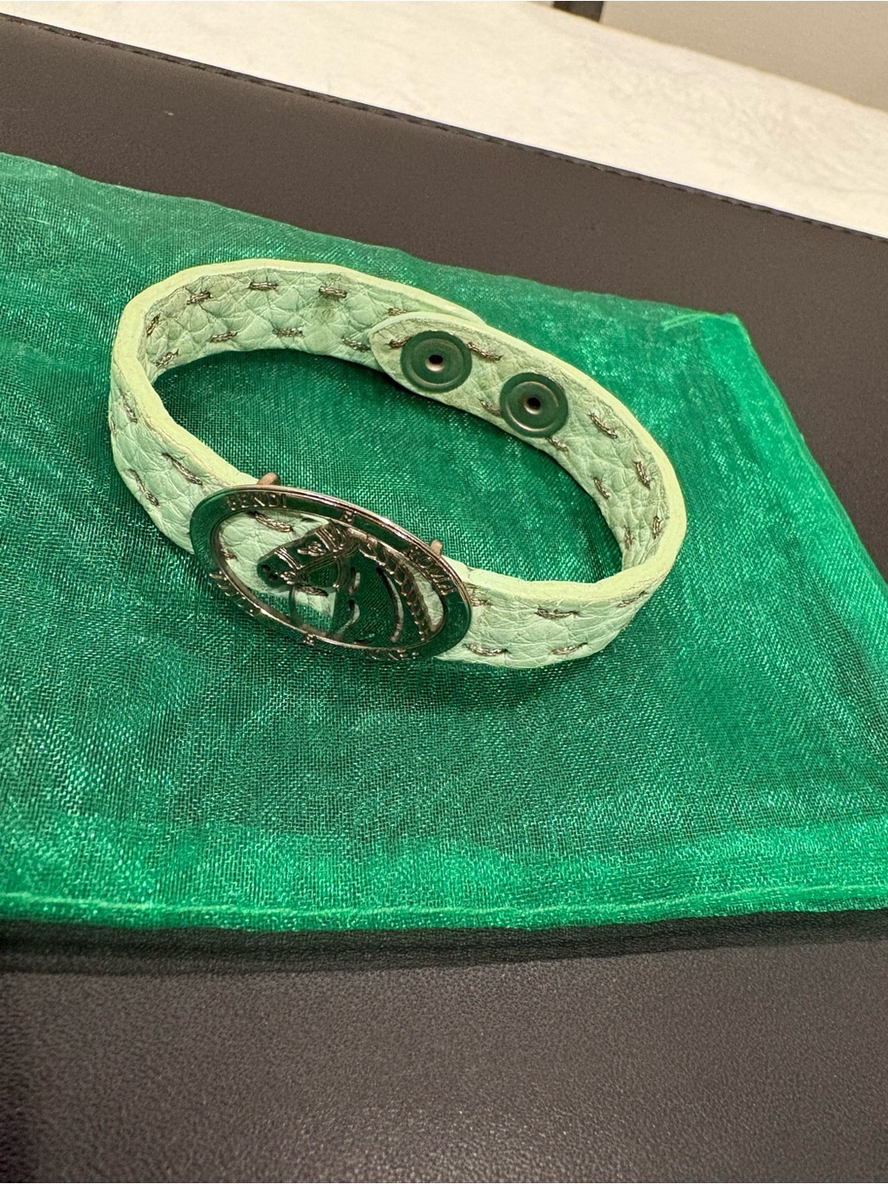 Fendi Mint Green Leather Horse Medallion Bracelet/Cuff - Picture 5 of 8